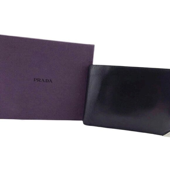 PRADA Bi -fold Wallet Logo Plate Leather Authentic USED - Picture 1 of 11